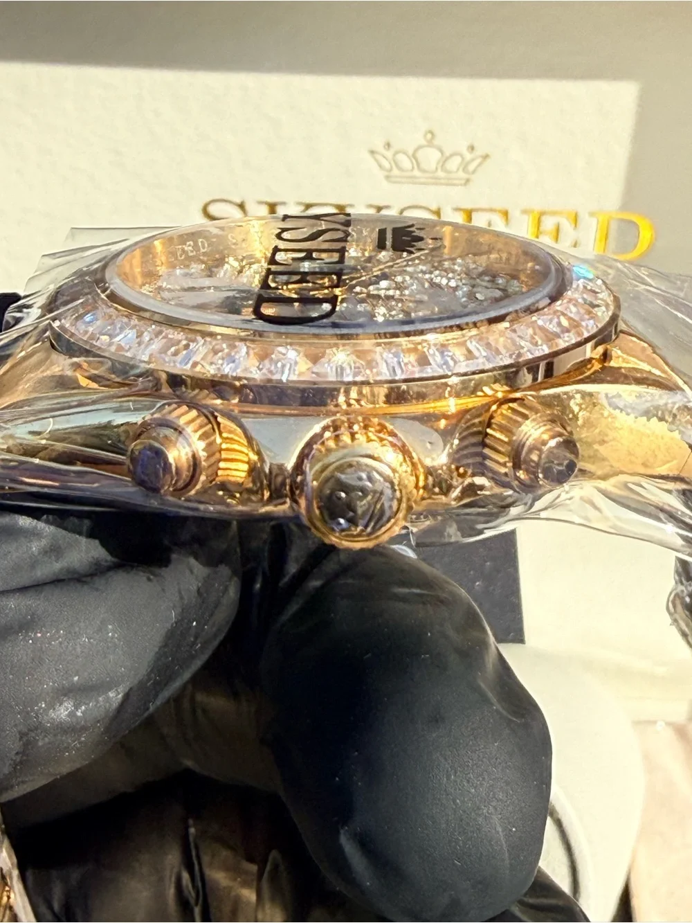 Men's Gold Mechanical Watch with Crystal Accent